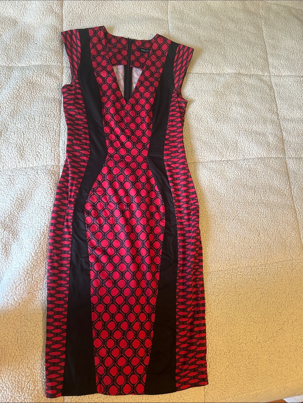 French Connection Red and Black Geometric Midi Sheath Dress